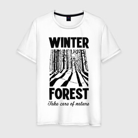 Мужская футболка хлопок с принтом Зимний лес в Санкт-Петербурге, 100% хлопок | прямой крой, круглый вырез горловины, длина до линии бедер, слегка спущенное плечо. | forest | nature | snow | spruce | sun | winter | winter forest | ели | зима | зимний лес | лес | отдых на природе | природа | снег | солнце | сугробы | тени | туризм