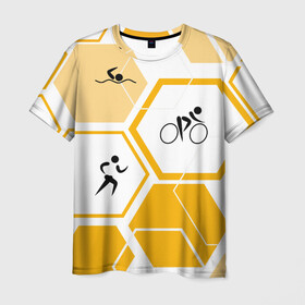 Мужская футболка 3D с принтом Триатлон / Triathlon в Санкт-Петербурге, 100% полиэфир | прямой крой, круглый вырез горловины, длина до линии бедер | ironman | tri | triathlon | бег | велосипед | велоспорт | выносливость | мультиспорт | плавание | сила | скорость | соты | спорт | три | триатлон | троеборье | цикличный