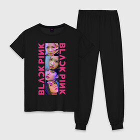 Женская пижама хлопок с принтом BLACKPINK Neon в Санкт-Петербурге, 100% хлопок | брюки и футболка прямого кроя, без карманов, на брюках мягкая резинка на поясе и по низу штанин | black | blackpink | chae | jennie | jisoo | kim | kpop | lalisa | lisa | manoban | neon | park | pink | rose | young | дженни | джису | ён | ким | лалиса | лиса | манобан | неон | пак | розэ | че