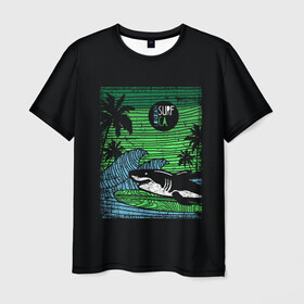 Мужская футболка 3D с принтом Surf shark в Санкт-Петербурге, 100% полиэфир | прямой крой, круглый вырез горловины, длина до линии бедер | Тематика изображения на принте: shark | акула | вода | море | океан | остров | отпуск | пальмы | серфинг