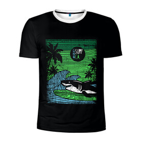 Мужская футболка 3D спортивная с принтом Surf shark в Санкт-Петербурге, 100% полиэстер с улучшенными характеристиками | приталенный силуэт, круглая горловина, широкие плечи, сужается к линии бедра | shark | акула | вода | море | океан | остров | отпуск | пальмы | серфинг