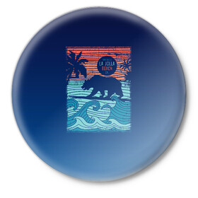 Значок с принтом Медведь на серфинге в Санкт-Петербурге,  металл | круглая форма, металлическая застежка в виде булавки | Тематика изображения на принте: волны | закат | медведь | море | океан | отдых | отпуск | пальмы | серфинг