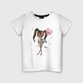 Детская футболка хлопок с принтом Милая Лола с котиком и шариком в Санкт-Петербурге, 100% хлопок | круглый вырез горловины, полуприлегающий силуэт, длина до линии бедер | Тематика изображения на принте: девушка | косички | кот | лола | любовь | малышка | милашка | мультяшка | сердце | шарик