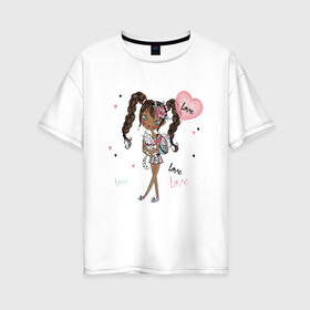 Женская футболка хлопок Oversize с принтом Милая Лола с котиком и шариком в Санкт-Петербурге, 100% хлопок | свободный крой, круглый ворот, спущенный рукав, длина до линии бедер
 | девушка | косички | кот | лола | любовь | малышка | милашка | мультяшка | сердце | шарик