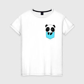 Женская футболка хлопок с принтом Панда милашка в кармашке в Санкт-Петербурге, 100% хлопок | прямой крой, круглый вырез горловины, длина до линии бедер, слегка спущенное плечо | животное | карман | малышка | медведь | милашка