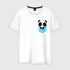 Мужская футболка хлопок с принтом Панда милашка в кармашке в Санкт-Петербурге, 100% хлопок | прямой крой, круглый вырез горловины, длина до линии бедер, слегка спущенное плечо. | животное | карман | малышка | медведь | милашка