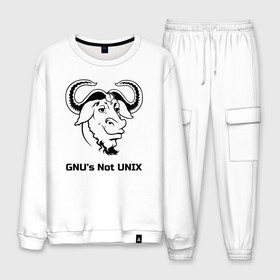 Мужской костюм хлопок с принтом GNU’s Not UNIX в Санкт-Петербурге, 100% хлопок | на свитшоте круглая горловина, мягкая резинка по низу. Брюки заужены к низу, на них два вида карманов: два “обычных” по бокам и два объемных, с клапанами, расположенные ниже линии бедра. Брюки с мягкой трикотажной резинкой на поясе и по низу штанин. В поясе для дополнительного комфорта — широкие завязки | gnu | linux | not unix | programming | гну | линукс | программист | сисадмин | системный администратор