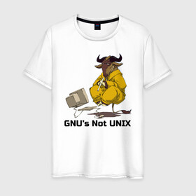 Мужская футболка хлопок с принтом GNU’s Not UNIX в Санкт-Петербурге, 100% хлопок | прямой крой, круглый вырез горловины, длина до линии бедер, слегка спущенное плечо. | gnu | linux | not unix | programming | гну | линукс | программист | сисадмин | системный администратор