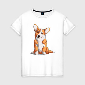 Женская футболка хлопок с принтом Милый корги в Санкт-Петербурге, 100% хлопок | прямой крой, круглый вырез горловины, длина до линии бедер, слегка спущенное плечо | corgi | корги | малыш | милашка | милый | очаровашка | пес | песик | собака | собачка