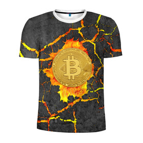 Мужская футболка 3D спортивная с принтом Вулканический Биткоин в Санкт-Петербурге, 100% полиэстер с улучшенными характеристиками | приталенный силуэт, круглая горловина, широкие плечи, сужается к линии бедра | bitcoin | биткоины | вулкан | крипта | криптовалюта | лава | огонь