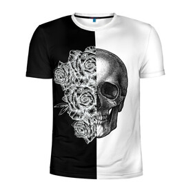 Мужская футболка 3D спортивная с принтом SkullRose Sketch в Санкт-Петербурге, 100% полиэстер с улучшенными характеристиками | приталенный силуэт, круглая горловина, широкие плечи, сужается к линии бедра | набросок | рисунок карандашом | роза | чб | череп | черепушка | черно белое
