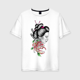 Женская футболка хлопок Oversize с принтом Азиатская девушка в Санкт-Петербурге, 100% хлопок | свободный крой, круглый ворот, спущенный рукав, длина до линии бедер
 | красиво | нежные | ниндзя | пионы | самурай | тату | цветы | япония