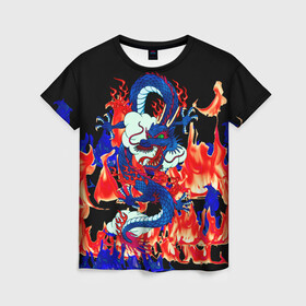 Женская футболка 3D с принтом Огненный Дракон в Санкт-Петербурге, 100% полиэфир ( синтетическое хлопкоподобное полотно) | прямой крой, круглый вырез горловины, длина до линии бедер | akatsuki | beast | dragon | fire | акацуки | дракон | животные | зверь | змей | когти | облако | огонь | узор | чб | японский