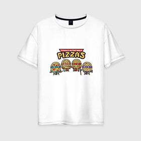 Женская футболка хлопок Oversize с принтом Ninja Pizzas в Санкт-Петербурге, 100% хлопок | свободный крой, круглый ворот, спущенный рукав, длина до линии бедер
 | donatello | leonardo | michelangelo | ninja | pizza | raphael | turtles | донателло | животные | карате | комикс | комиксы | леонардо | микеланджело | мультфильм | мутант | мутанты | ниндзя | пицца | рафаэль | сплинтер | супергерой