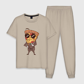 Мужская пижама хлопок с принтом Пепперони пицца в костюме в Санкт-Петербурге, 100% хлопок | брюки и футболка прямого кроя, без карманов, на брюках мягкая резинка на поясе и по низу штанин
 | Тематика изображения на принте: art | boss | cheese pizza | cool | funny | mushroom | pepperoni | pizza | pizza lover | retro | агент | арт | в очках | грибы | иллюстрация | люблю пиццу | пицца без ананасов | пицца с ананасами | прикол | ретро | рисунок пиццы | спецагент