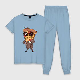 Женская пижама хлопок с принтом Пепперони пицца в костюме в Санкт-Петербурге, 100% хлопок | брюки и футболка прямого кроя, без карманов, на брюках мягкая резинка на поясе и по низу штанин | art | boss | cheese pizza | cool | funny | mushroom | pepperoni | pizza | pizza lover | retro | агент | арт | в очках | грибы | иллюстрация | люблю пиццу | пицца без ананасов | пицца с ананасами | прикол | ретро | рисунок пиццы | спецагент