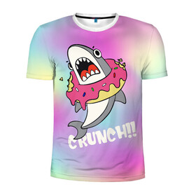 Мужская футболка 3D спортивная с принтом Акула с пончиком Сrunch в Санкт-Петербурге, 100% полиэстер с улучшенными характеристиками | приталенный силуэт, круглая горловина, широкие плечи, сужается к линии бедра | Тематика изображения на принте: акула | глазурь | градиент | десерт | зубы | пончик | укус