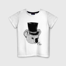 Детская футболка хлопок с принтом Коала Джентльмен в Цилиндре в Санкт-Петербурге, 100% хлопок | круглый вырез горловины, полуприлегающий силуэт, длина до линии бедер | Тематика изображения на принте: art | bear | coala | gentleman | illustration | koala | top hap | австралия | арт | иллюстрация | медведь | рисунок | сумчатые | цилиндр | шляпа | эвкалипт