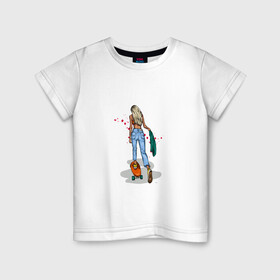 Детская футболка хлопок с принтом Девушка на скейте в Санкт-Петербурге, 100% хлопок | круглый вырез горловины, полуприлегающий силуэт, длина до линии бедер | Тематика изображения на принте: блондинка | девушка | джинсы | скейт | спорт | фитоняша
