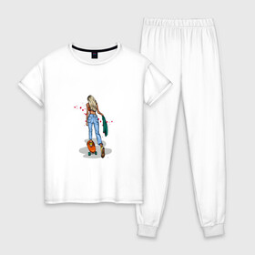 Женская пижама хлопок с принтом Девушка на скейте в Санкт-Петербурге, 100% хлопок | брюки и футболка прямого кроя, без карманов, на брюках мягкая резинка на поясе и по низу штанин | блондинка | девушка | джинсы | скейт | спорт | фитоняша