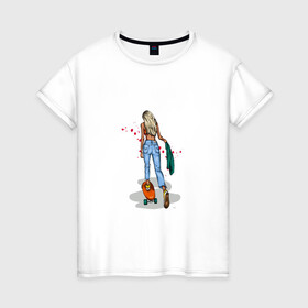 Женская футболка хлопок с принтом Девушка на скейте в Санкт-Петербурге, 100% хлопок | прямой крой, круглый вырез горловины, длина до линии бедер, слегка спущенное плечо | блондинка | девушка | джинсы | скейт | спорт | фитоняша