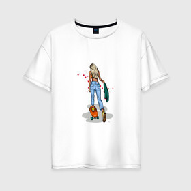 Женская футболка хлопок Oversize с принтом Девушка на скейте в Санкт-Петербурге, 100% хлопок | свободный крой, круглый ворот, спущенный рукав, длина до линии бедер
 | блондинка | девушка | джинсы | скейт | спорт | фитоняша