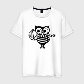 Мужская футболка хлопок с принтом Совенок с корабликом в Санкт-Петербурге, 100% хлопок | прямой крой, круглый вырез горловины, длина до линии бедер, слегка спущенное плечо. | owl | owls | сова | совушка | совы | филин | фраза | юмор