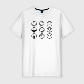 Мужская футболка хлопок Slim с принтом настроение  в Санкт-Петербурге, 92% хлопок, 8% лайкра | приталенный силуэт, круглый вырез ворота, длина до линии бедра, короткий рукав | cheerful | emoji | emotions | joyful | mood | sad | smiley | веселый | грустный | настроение | радостный | смайлик | эмоции