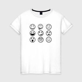 Женская футболка хлопок с принтом настроение  в Санкт-Петербурге, 100% хлопок | прямой крой, круглый вырез горловины, длина до линии бедер, слегка спущенное плечо | cheerful | emoji | emotions | joyful | mood | sad | smiley | веселый | грустный | настроение | радостный | смайлик | эмоции