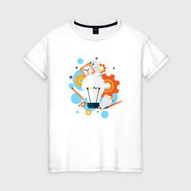 Женская футболка хлопок с принтом Наука в Санкт-Петербурге, 100% хлопок | прямой крой, круглый вырез горловины, длина до линии бедер, слегка спущенное плечо | карандаш | кисть | лампочка | наука | рисунок | часы | шестеренки