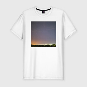 Мужская футболка хлопок Slim с принтом Комета на фоне ночного неба в Санкт-Петербурге, 92% хлопок, 8% лайкра | приталенный силуэт, круглый вырез ворота, длина до линии бедра, короткий рукав | астрономия | звезды | комета | ночь | пейзаж