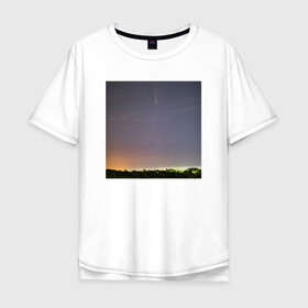 Мужская футболка хлопок Oversize с принтом Комета на фоне ночного неба в Санкт-Петербурге, 100% хлопок | свободный крой, круглый ворот, “спинка” длиннее передней части | астрономия | звезды | комета | ночь | пейзаж