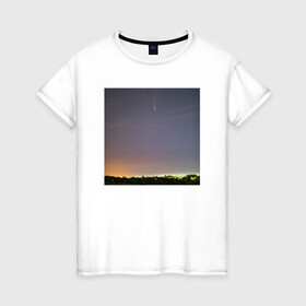 Женская футболка хлопок с принтом Комета на фоне ночного неба в Санкт-Петербурге, 100% хлопок | прямой крой, круглый вырез горловины, длина до линии бедер, слегка спущенное плечо | астрономия | звезды | комета | ночь | пейзаж
