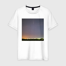 Мужская футболка хлопок с принтом Комета на фоне ночного неба в Санкт-Петербурге, 100% хлопок | прямой крой, круглый вырез горловины, длина до линии бедер, слегка спущенное плечо. | астрономия | звезды | комета | ночь | пейзаж