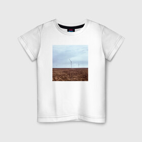Детская футболка хлопок с принтом Ветрогенераторы в поле в Санкт-Петербурге, 100% хлопок | круглый вырез горловины, полуприлегающий силуэт, длина до линии бедер | ветрогенератор | день | небо | облака | экология