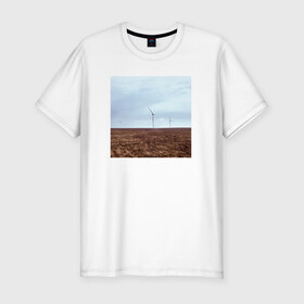 Мужская футболка хлопок Slim с принтом Ветрогенераторы в поле в Санкт-Петербурге, 92% хлопок, 8% лайкра | приталенный силуэт, круглый вырез ворота, длина до линии бедра, короткий рукав | ветрогенератор | день | небо | облака | экология