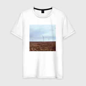 Мужская футболка хлопок с принтом Ветрогенераторы в поле в Санкт-Петербурге, 100% хлопок | прямой крой, круглый вырез горловины, длина до линии бедер, слегка спущенное плечо. | Тематика изображения на принте: ветрогенератор | день | небо | облака | экология