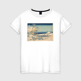Женская футболка хлопок с принтом Снежное утро на реке Коисикава в Санкт-Петербурге, 100% хлопок | прямой крой, круглый вырез горловины, длина до линии бедер, слегка спущенное плечо | кацусики хокусай | тридцать шесть видов фудзи | фудзи | япония | японская графика