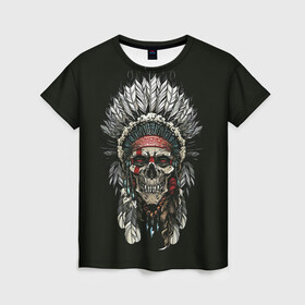 Женская футболка 3D с принтом Indian Skull в Санкт-Петербурге, 100% полиэфир ( синтетическое хлопкоподобное полотно) | прямой крой, круглый вырез горловины, длина до линии бедер | skeleton | skulls | вождь | индеец | индия | скелет | череп | черепушка