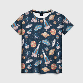 Женская футболка 3D с принтом Корабли, планеты и спутники в Санкт-Петербурге, 100% полиэфир ( синтетическое хлопкоподобное полотно) | прямой крой, круглый вырез горловины, длина до линии бедер | space | арт | звезды | корабли | космос | планеты | ракеты | рисунок | спутники