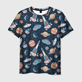Мужская футболка 3D с принтом Корабли, планеты и спутники в Санкт-Петербурге, 100% полиэфир | прямой крой, круглый вырез горловины, длина до линии бедер | space | арт | звезды | корабли | космос | планеты | ракеты | рисунок | спутники