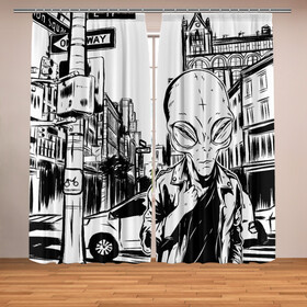 Фотошторы с принтом Портрет пришельца в Нью Йорке в Санкт-Петербурге, Блэкаут (светозащита 90%) / Габардин (светозащита 40% | 2 полотна шириной по 145 см; Высота 200-300 см; Крепление: шторная лента (на крючки); | Тематика изображения на принте: alien | art | hipster | illustration | landscape | new york | ufo | арт | иллюстрация | инопланетянин | картина | нло | нью йорк | пейзаж | пешеходный переход | пришелец | рисунок | рисунок карандашом | светофор | указатель