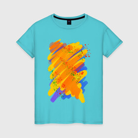 Женская футболка хлопок с принтом Яркость красок в Санкт-Петербурге, 100% хлопок | прямой крой, круглый вырез горловины, длина до линии бедер, слегка спущенное плечо | art | orange | print | брызги | краски | принт | пятна | творчество | яркость