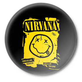 Значок с принтом Nirvana 1987 в Санкт-Петербурге,  металл | круглая форма, металлическая застежка в виде булавки | album | curt | kobain | logo | music | nevermind | nirvana | rock | smells like | smile | teen spirit | альбом | гитара | курт кобейн | логотип | музыка | невермайнд | нирвана | рок | смайл | стикер