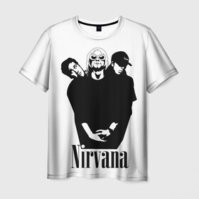 Мужская футболка 3D с принтом Nirvana Группа в Санкт-Петербурге, 100% полиэфир | прямой крой, круглый вырез горловины, длина до линии бедер | album | curt | kobain | music | nevermind | nirvana | rock | smells like | teen spirit | альбом | гитара | курт кобейн | музыка | невермайнд | нирвана | рок