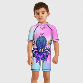 Детский купальный костюм 3D с принтом Милый паучок мутант в Санкт-Петербурге, Полиэстер 85%, Спандекс 15% | застежка на молнии на спине | градиент | мутант | осьминог | паук | паутина | слизь | щупальца