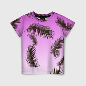 Детская футболка 3D с принтом Тропический Закат в Санкт-Петербурге, 100% гипоаллергенный полиэфир | прямой крой, круглый вырез горловины, длина до линии бедер, чуть спущенное плечо, ткань немного тянется | Тематика изображения на принте: tropics | горизонт | закат | лето | листья | листья пальмы | пальма | пляжная | рассвет | тропики