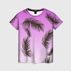 Женская футболка 3D с принтом Тропический Закат в Санкт-Петербурге, 100% полиэфир ( синтетическое хлопкоподобное полотно) | прямой крой, круглый вырез горловины, длина до линии бедер | tropics | горизонт | закат | лето | листья | листья пальмы | пальма | пляжная | рассвет | тропики
