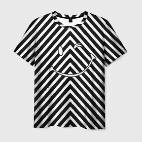 Мужская футболка 3D с принтом Ulybaka BlackWhite в Санкт-Петербурге, 100% полиэфир | прямой крой, круглый вырез горловины, длина до линии бедер | emoji | диагональ | мем | мемный | полосатый | полосы | смайл | смайлик | улыбака | чб | черно белая | эмоджи