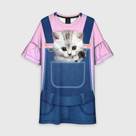 Детское платье 3D с принтом Котенок в кармане в Санкт-Петербурге, 100% полиэстер | прямой силуэт, чуть расширенный к низу. Круглая горловина, на рукавах — воланы | в кармане | в кармашке | животные | комбинезон | кот | котенок | котик | кошка